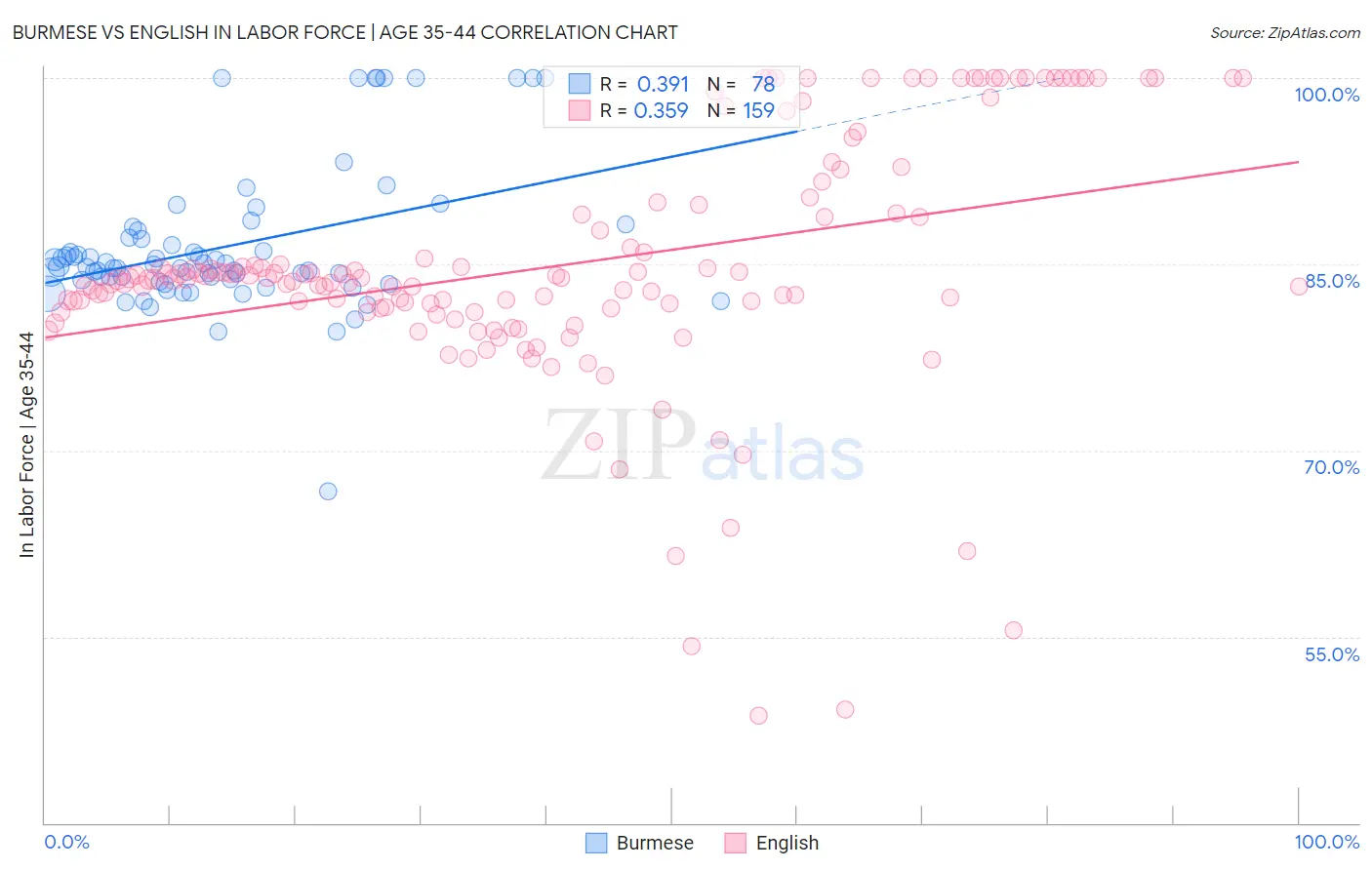 Burmese vs English In Labor Force | Age 35-44