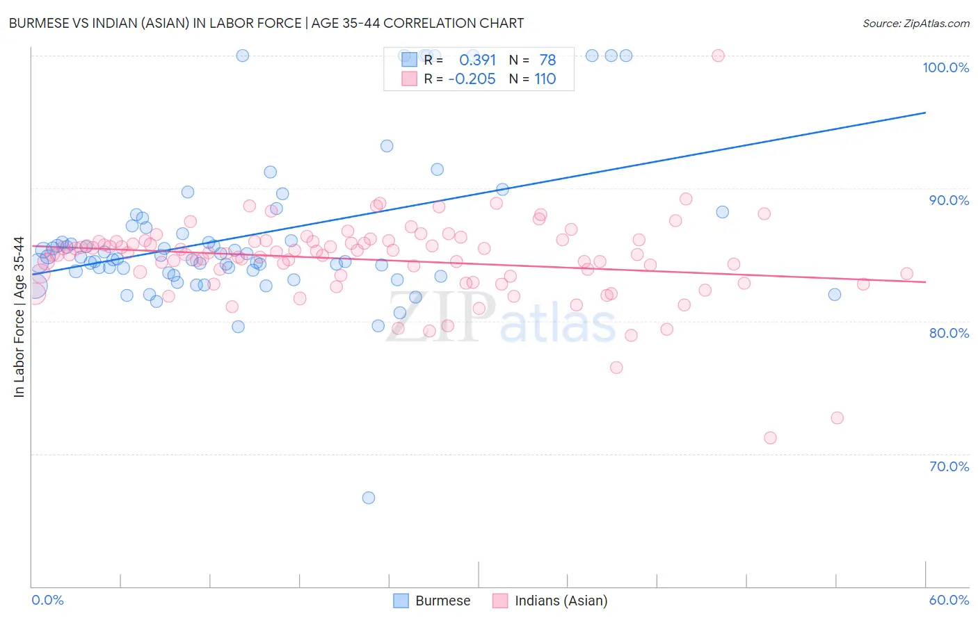 Burmese vs Indian (Asian) In Labor Force | Age 35-44