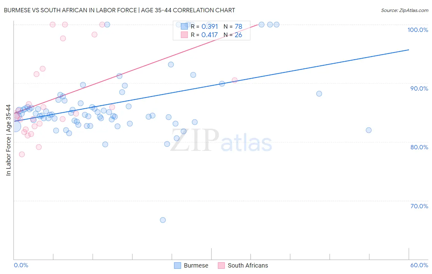 Burmese vs South African In Labor Force | Age 35-44
