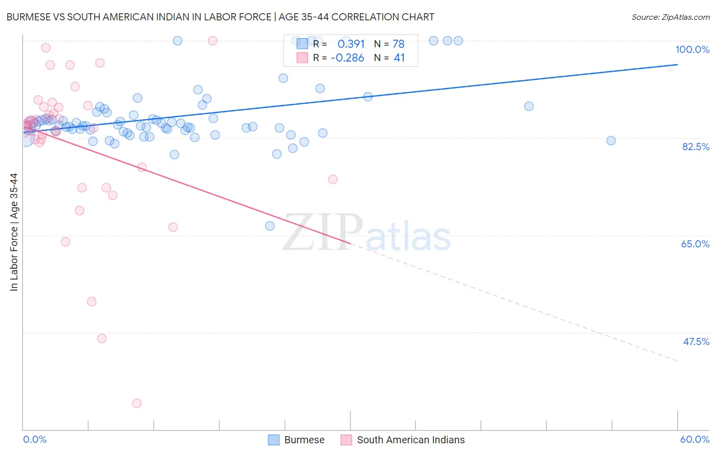 Burmese vs South American Indian In Labor Force | Age 35-44