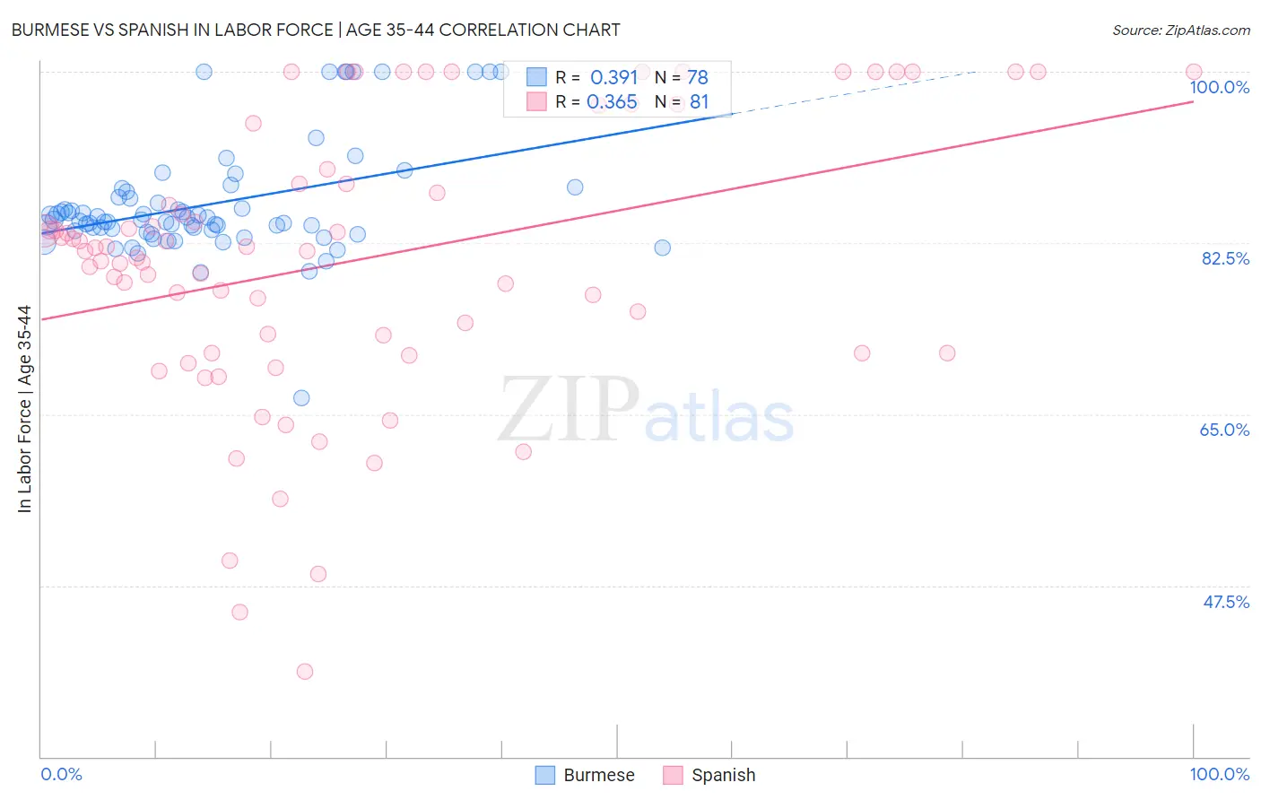 Burmese vs Spanish In Labor Force | Age 35-44