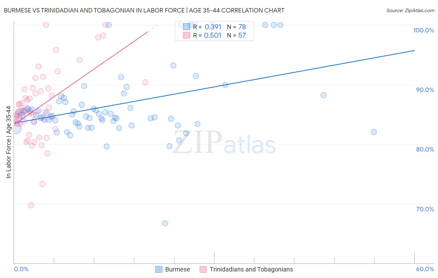 Burmese vs Trinidadian and Tobagonian In Labor Force | Age 35-44