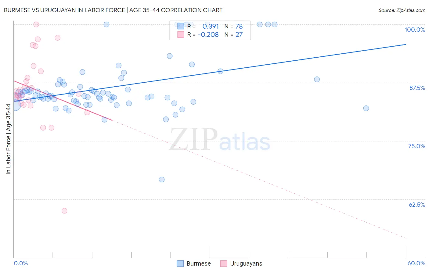 Burmese vs Uruguayan In Labor Force | Age 35-44