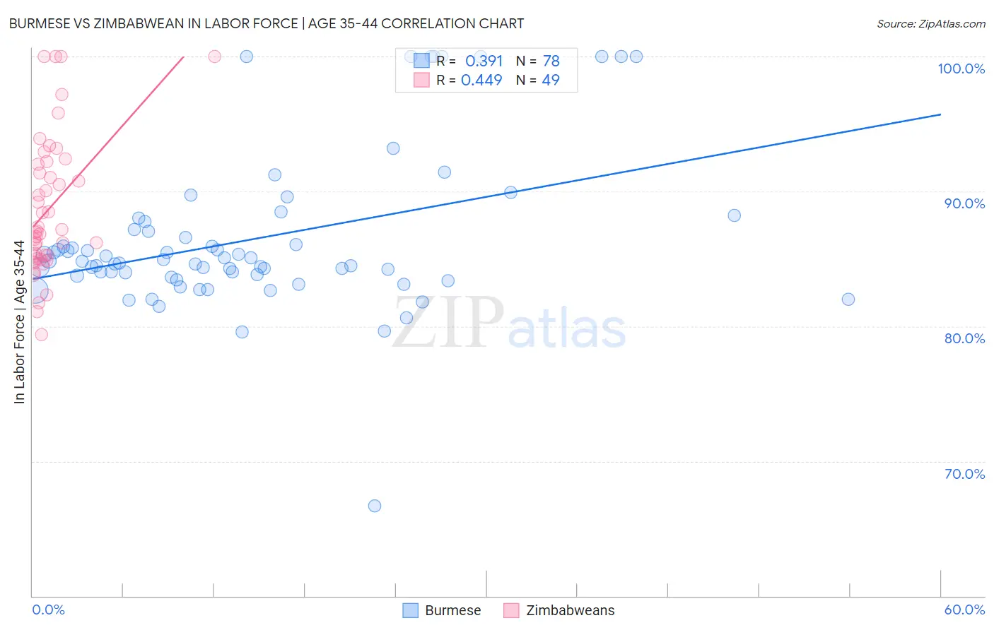 Burmese vs Zimbabwean In Labor Force | Age 35-44