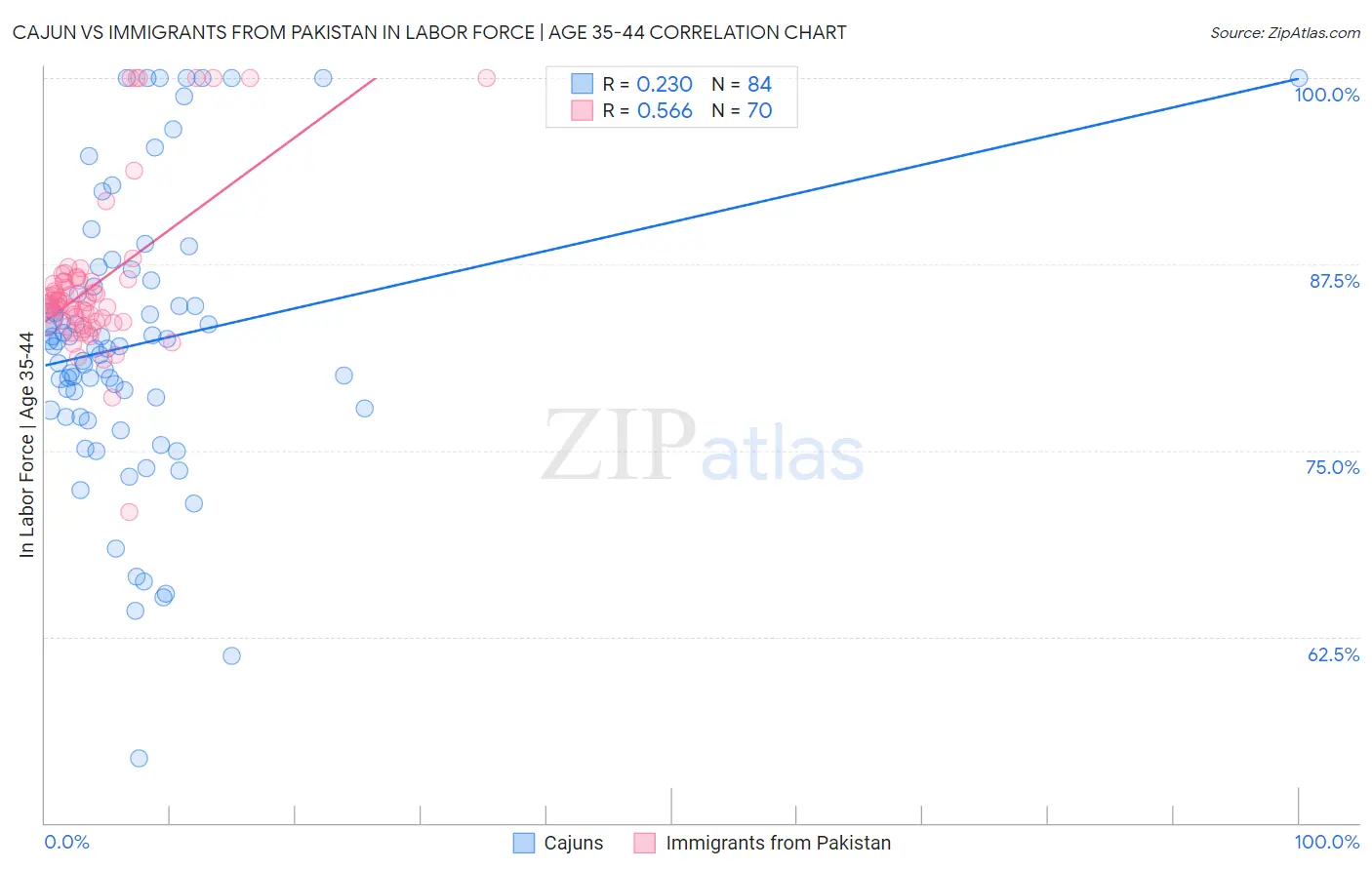 Cajun vs Immigrants from Pakistan In Labor Force | Age 35-44