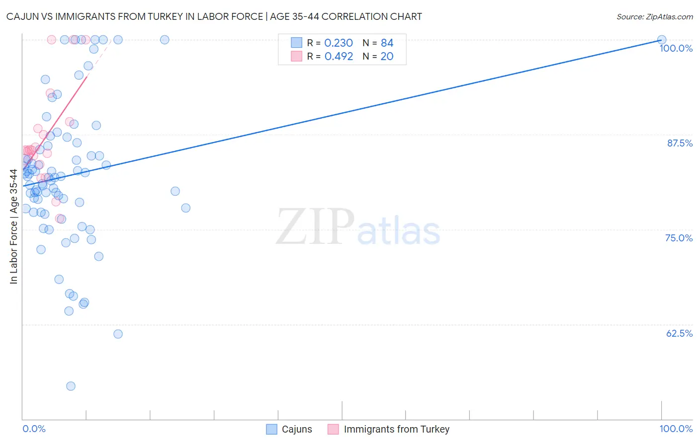 Cajun vs Immigrants from Turkey In Labor Force | Age 35-44