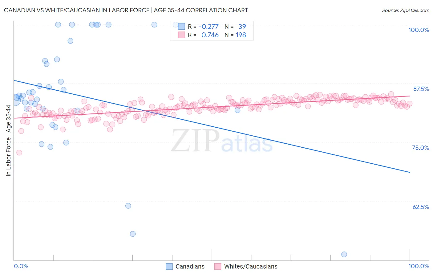 Canadian vs White/Caucasian In Labor Force | Age 35-44