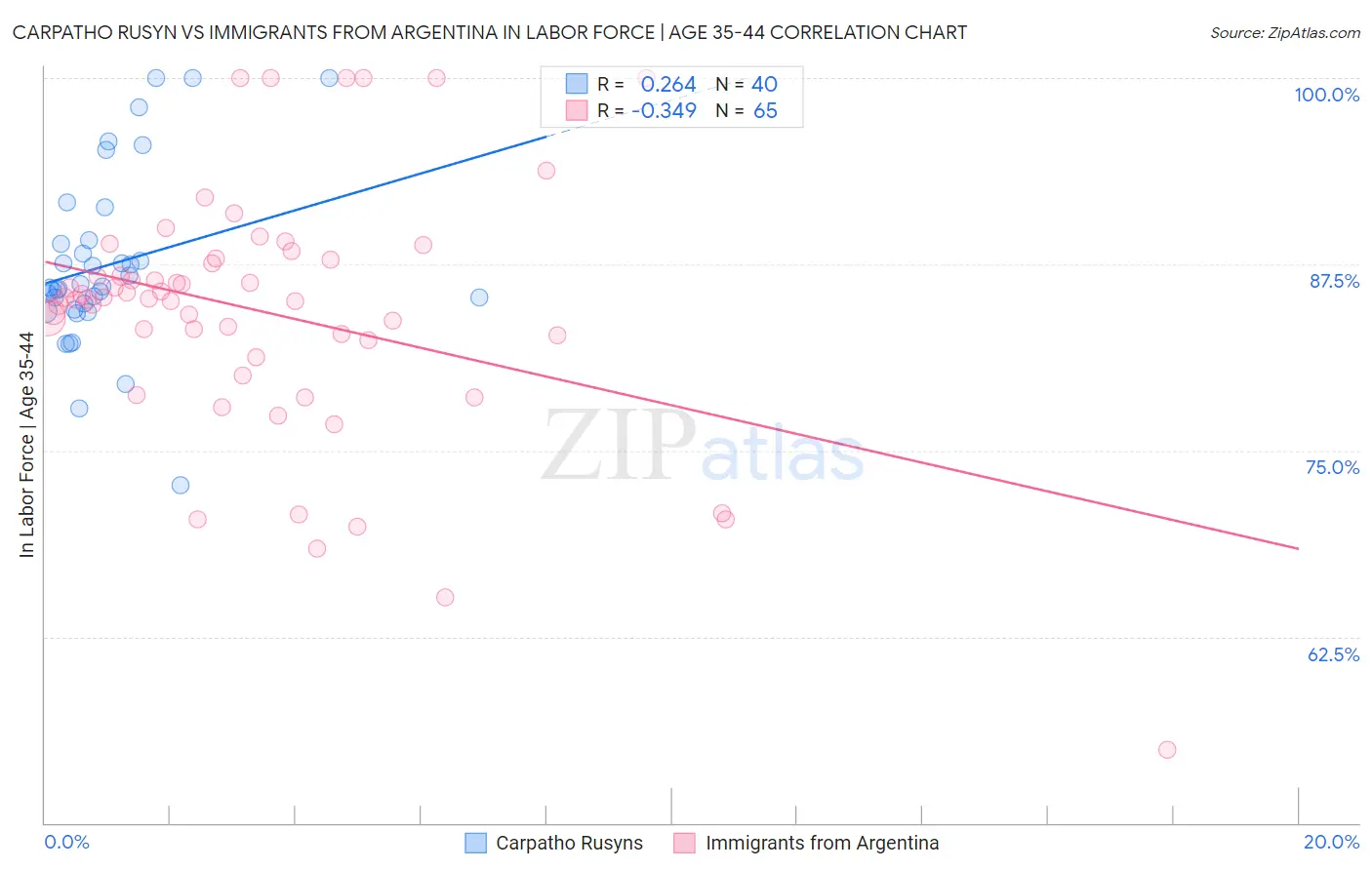 Carpatho Rusyn vs Immigrants from Argentina In Labor Force | Age 35-44