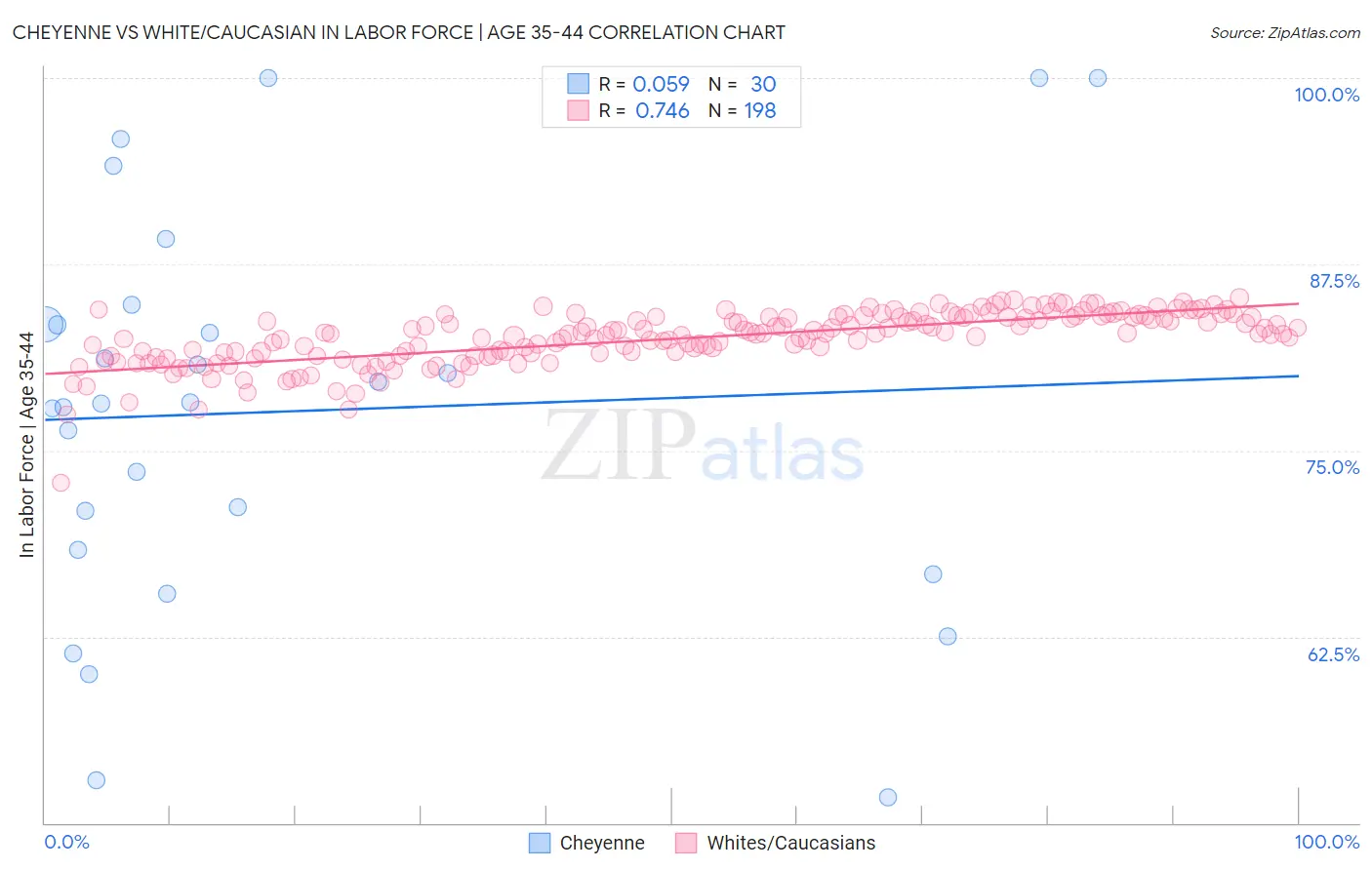 Cheyenne vs White/Caucasian In Labor Force | Age 35-44