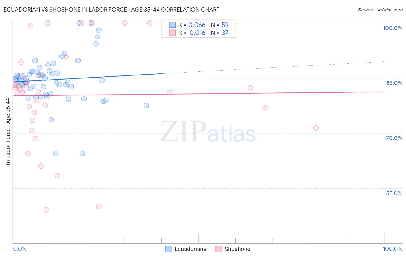 Ecuadorian vs Shoshone In Labor Force | Age 35-44