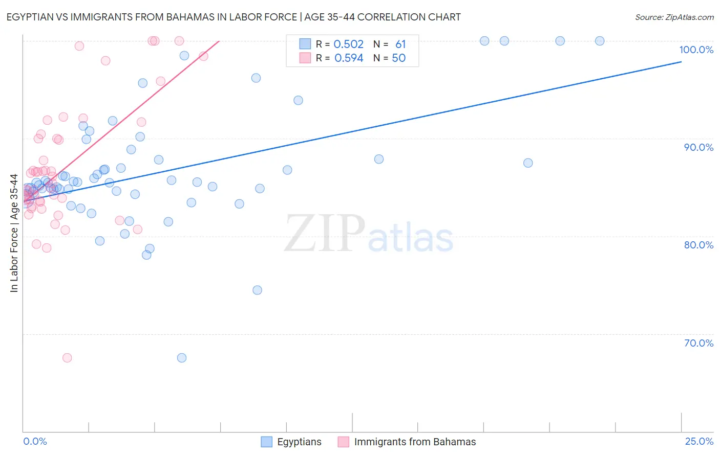 Egyptian vs Immigrants from Bahamas In Labor Force | Age 35-44