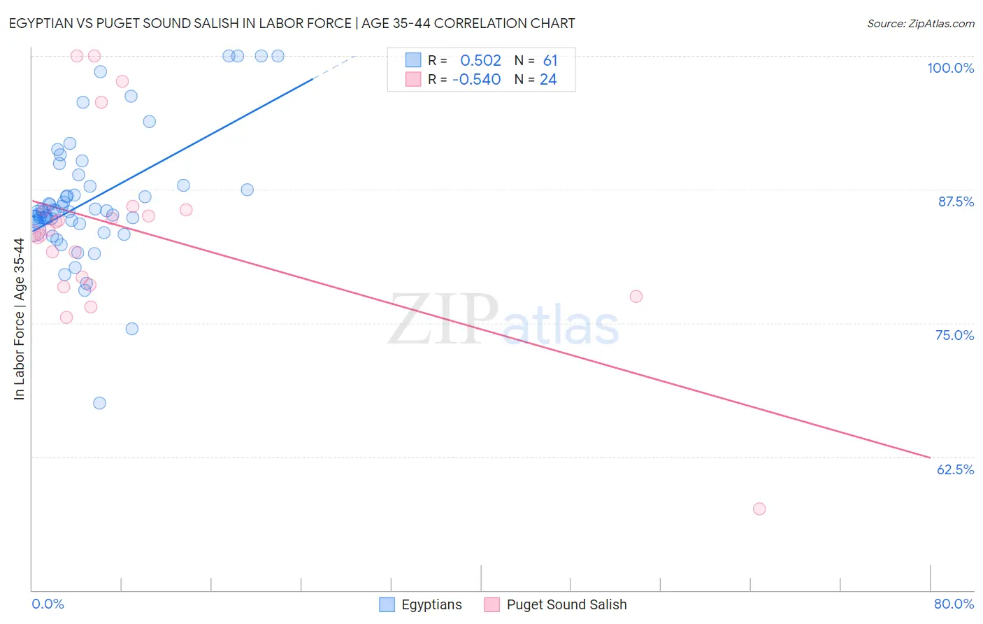 Egyptian vs Puget Sound Salish In Labor Force | Age 35-44