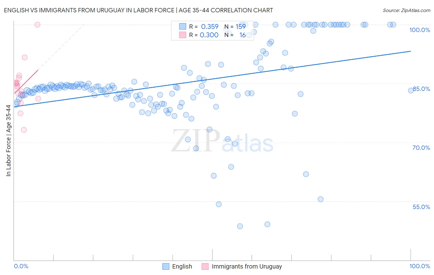 English vs Immigrants from Uruguay In Labor Force | Age 35-44