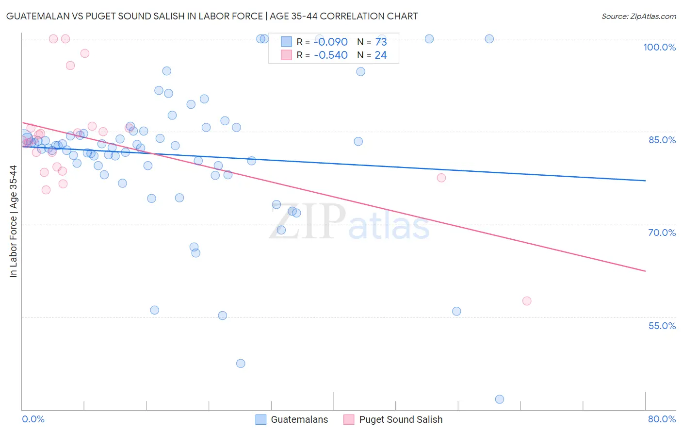 Guatemalan vs Puget Sound Salish In Labor Force | Age 35-44