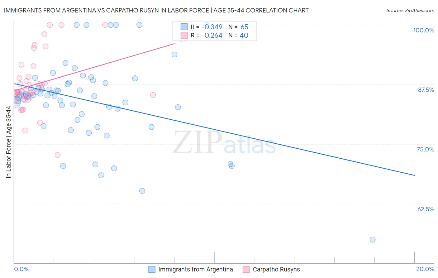 Immigrants from Argentina vs Carpatho Rusyn In Labor Force | Age 35-44