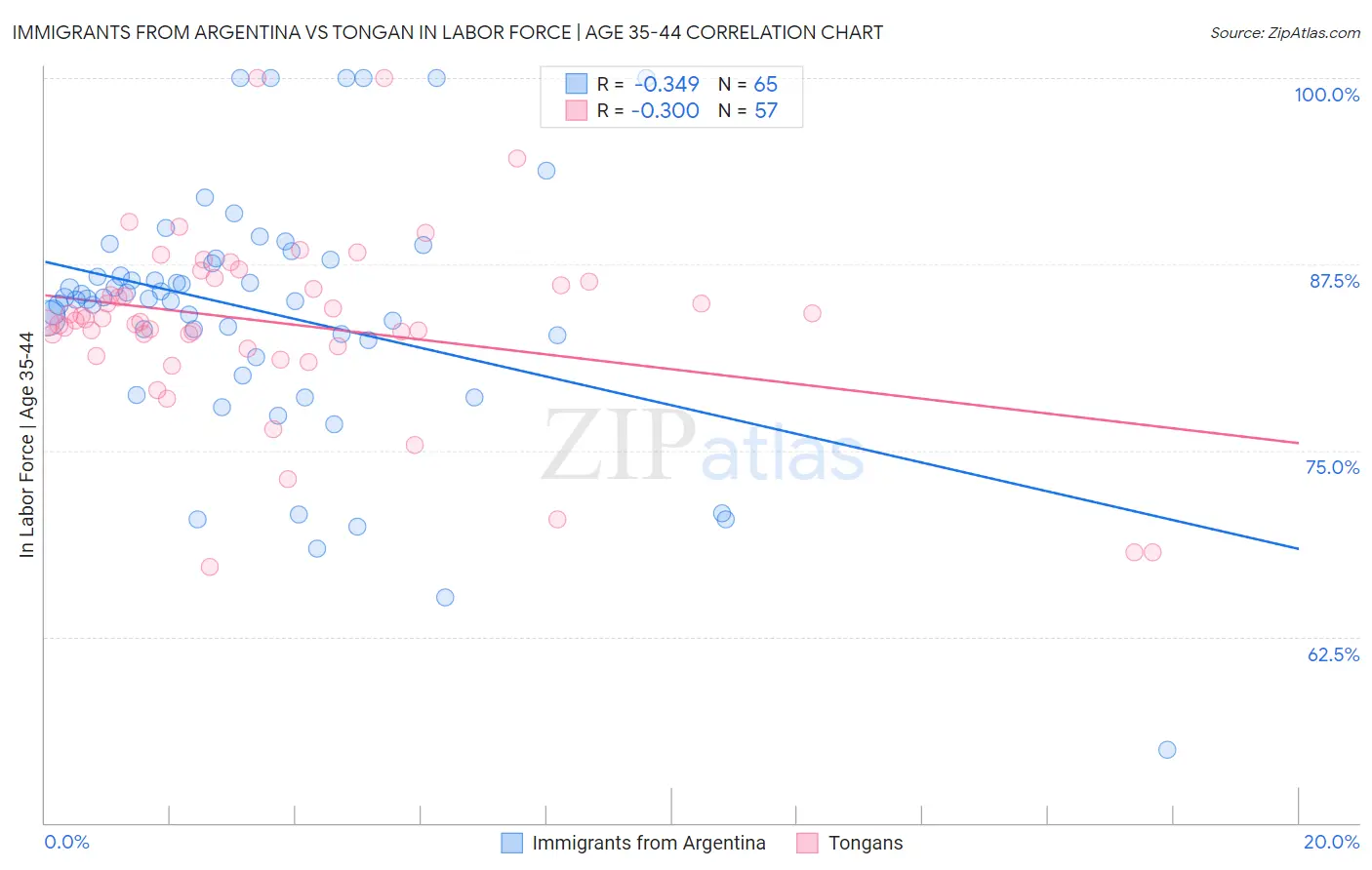 Immigrants from Argentina vs Tongan In Labor Force | Age 35-44
