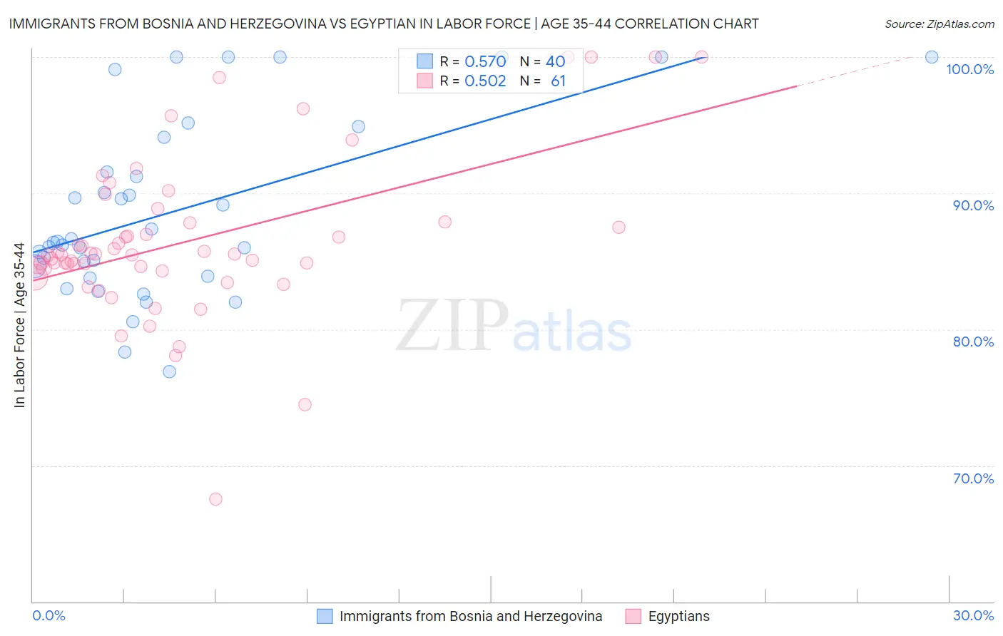 Immigrants from Bosnia and Herzegovina vs Egyptian In Labor Force | Age 35-44