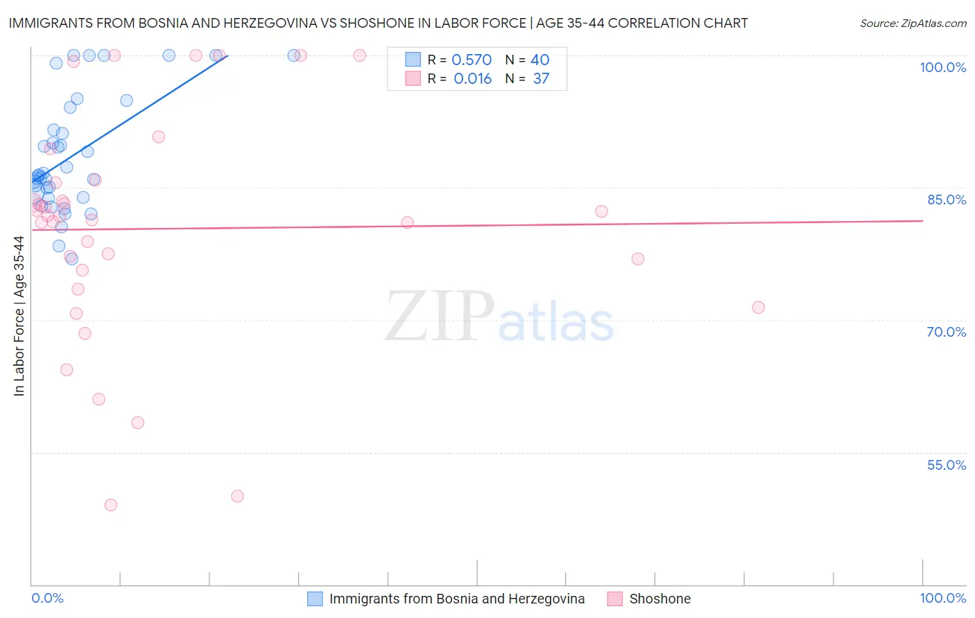 Immigrants from Bosnia and Herzegovina vs Shoshone In Labor Force | Age 35-44