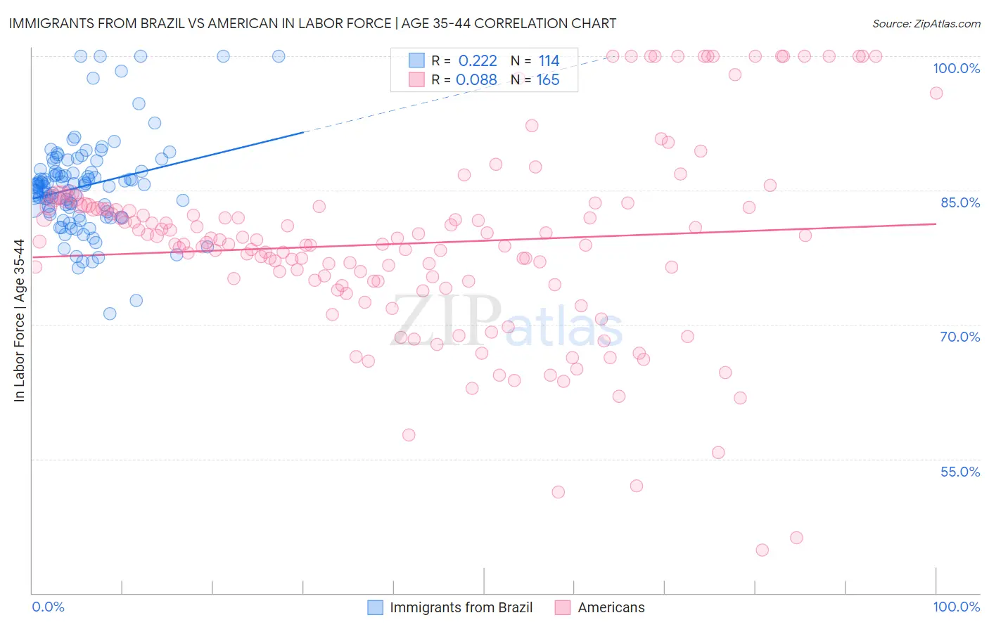 Immigrants from Brazil vs American In Labor Force | Age 35-44