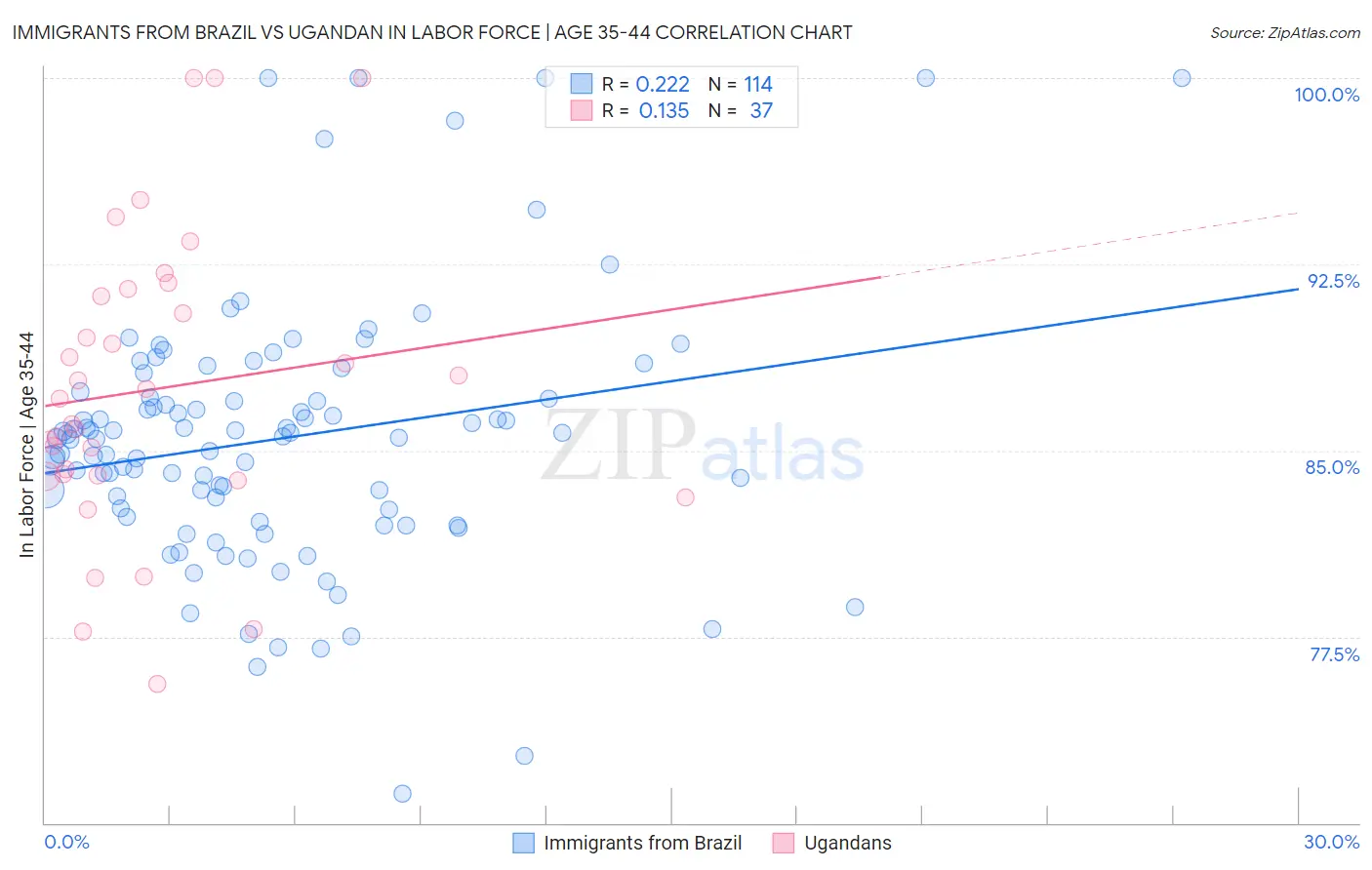 Immigrants from Brazil vs Ugandan In Labor Force | Age 35-44
