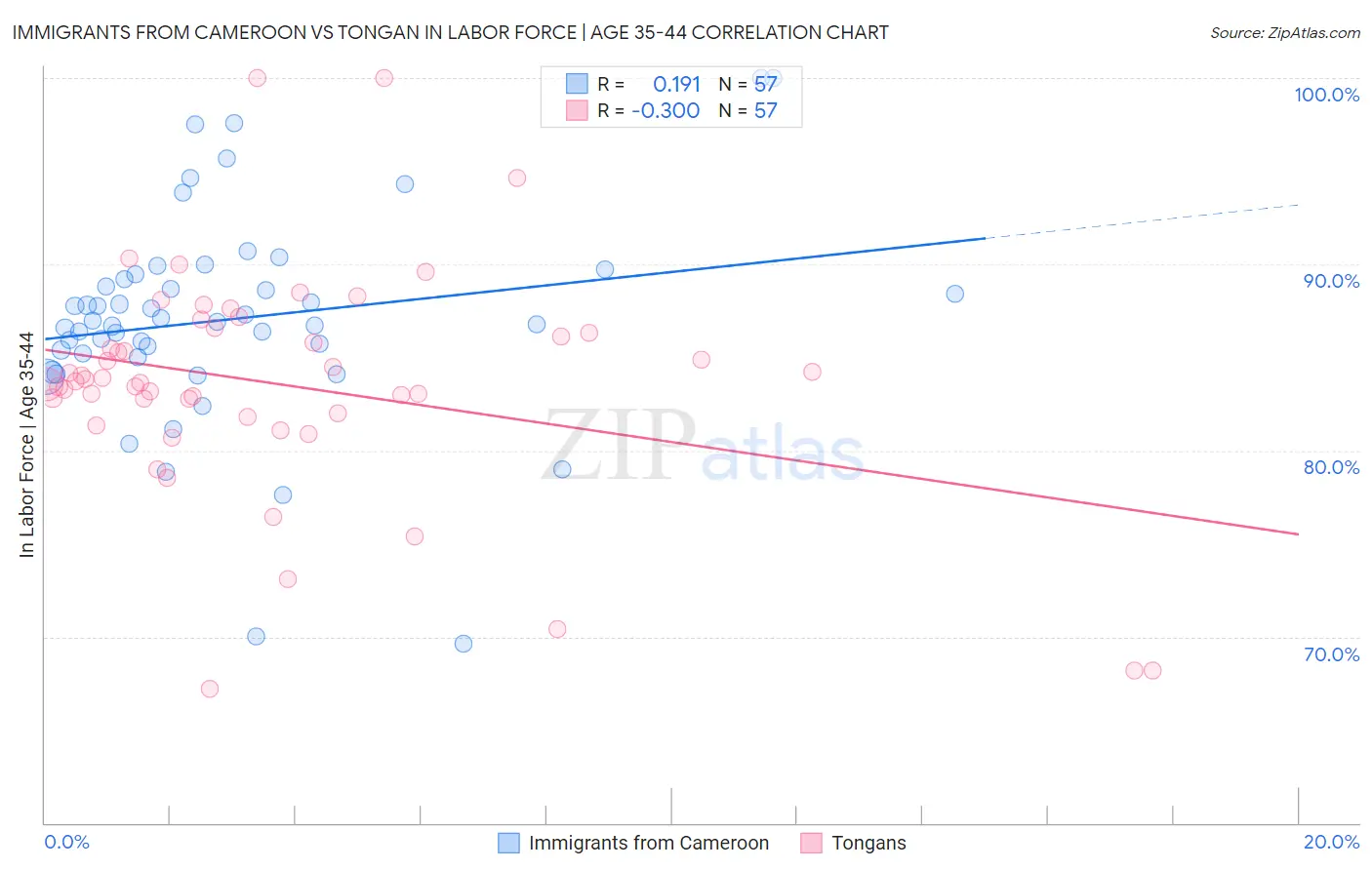 Immigrants from Cameroon vs Tongan In Labor Force | Age 35-44