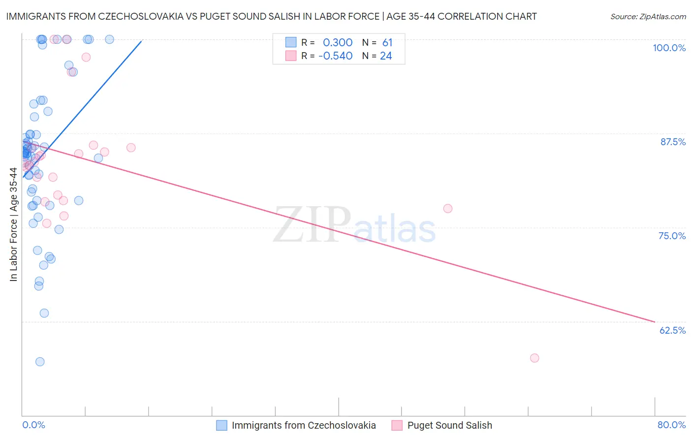 Immigrants from Czechoslovakia vs Puget Sound Salish In Labor Force | Age 35-44