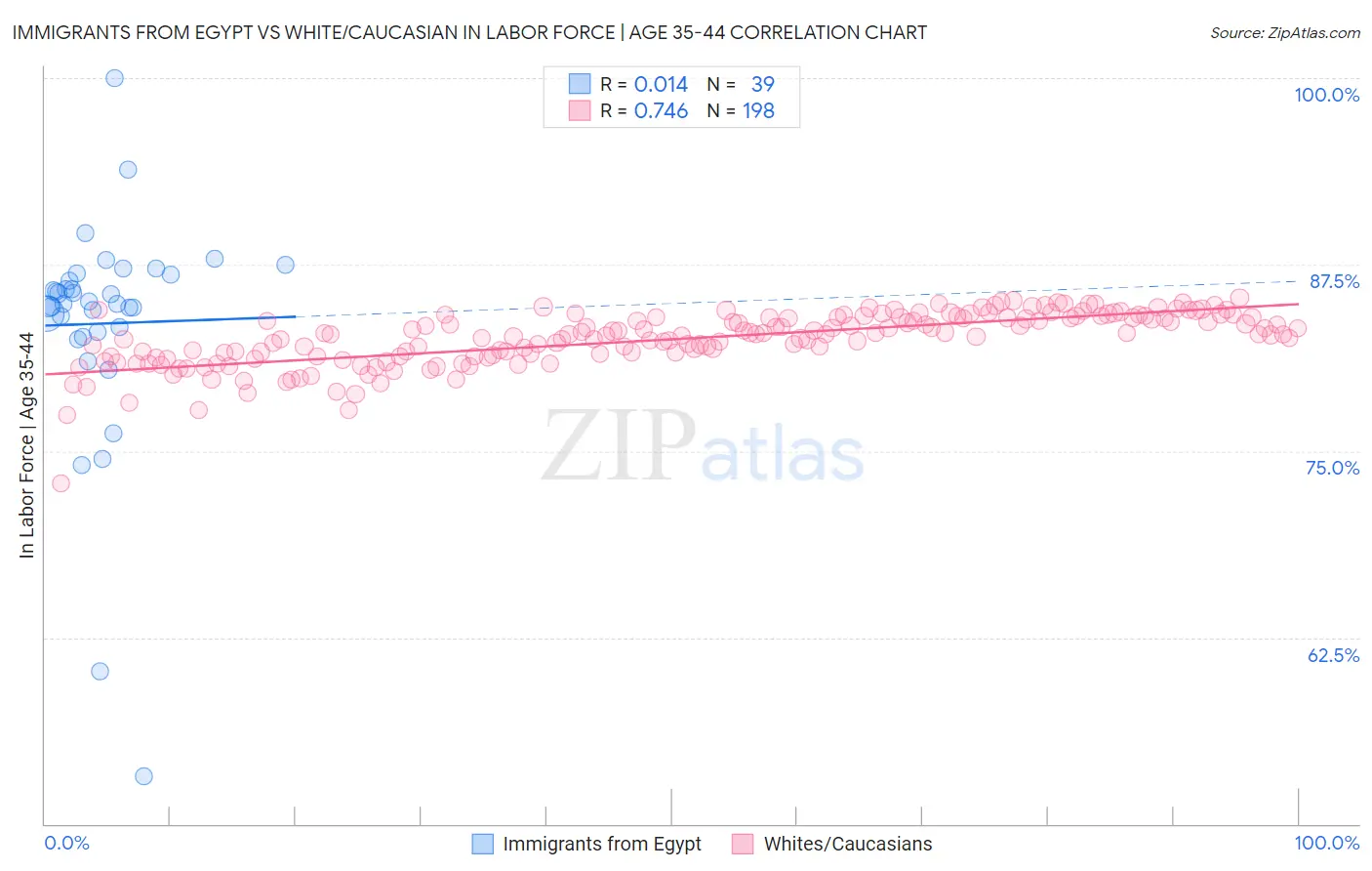 Immigrants from Egypt vs White/Caucasian In Labor Force | Age 35-44