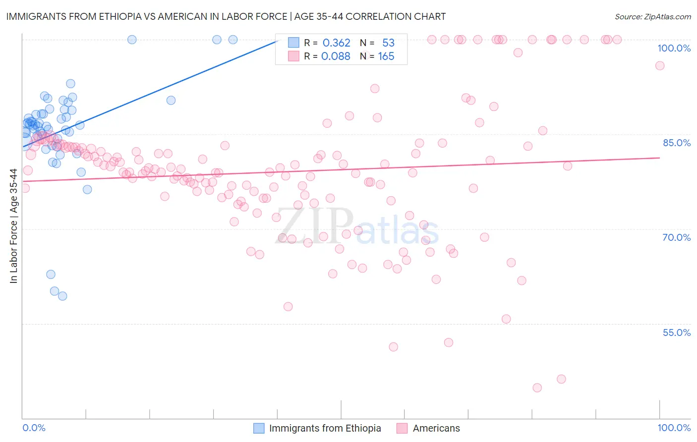 Immigrants from Ethiopia vs American In Labor Force | Age 35-44