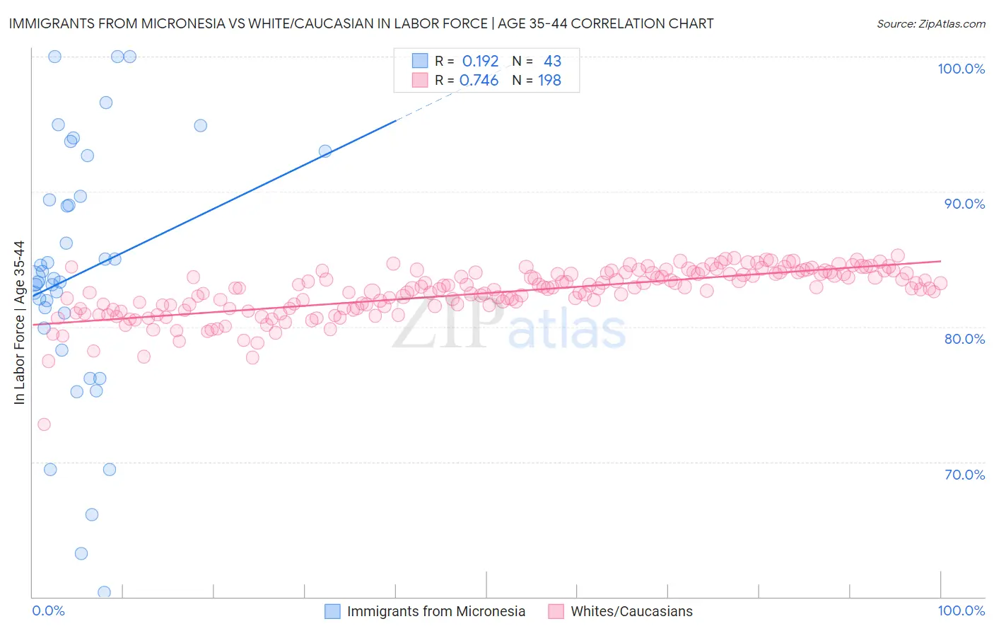 Immigrants from Micronesia vs White/Caucasian In Labor Force | Age 35-44