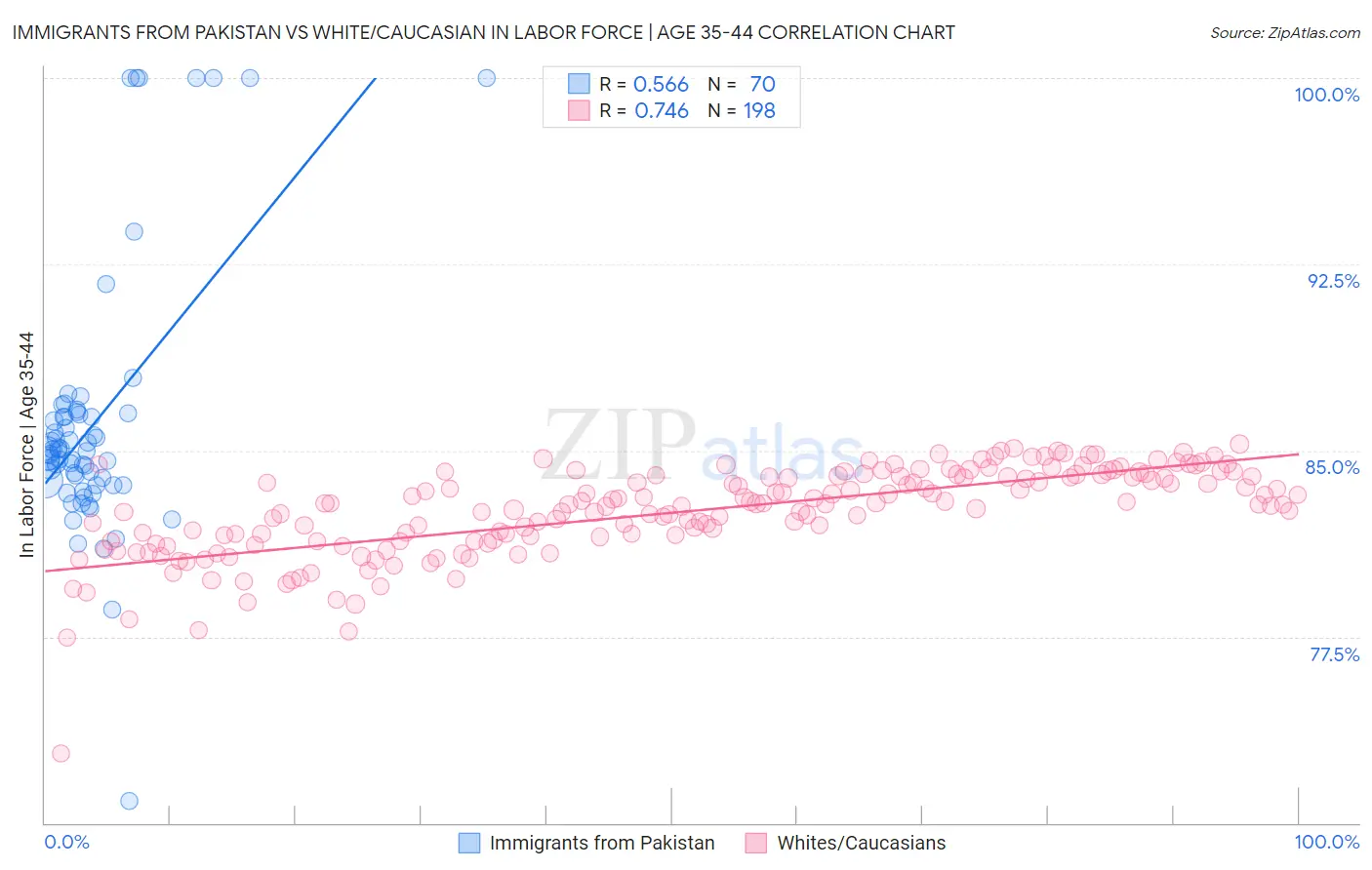 Immigrants from Pakistan vs White/Caucasian In Labor Force | Age 35-44