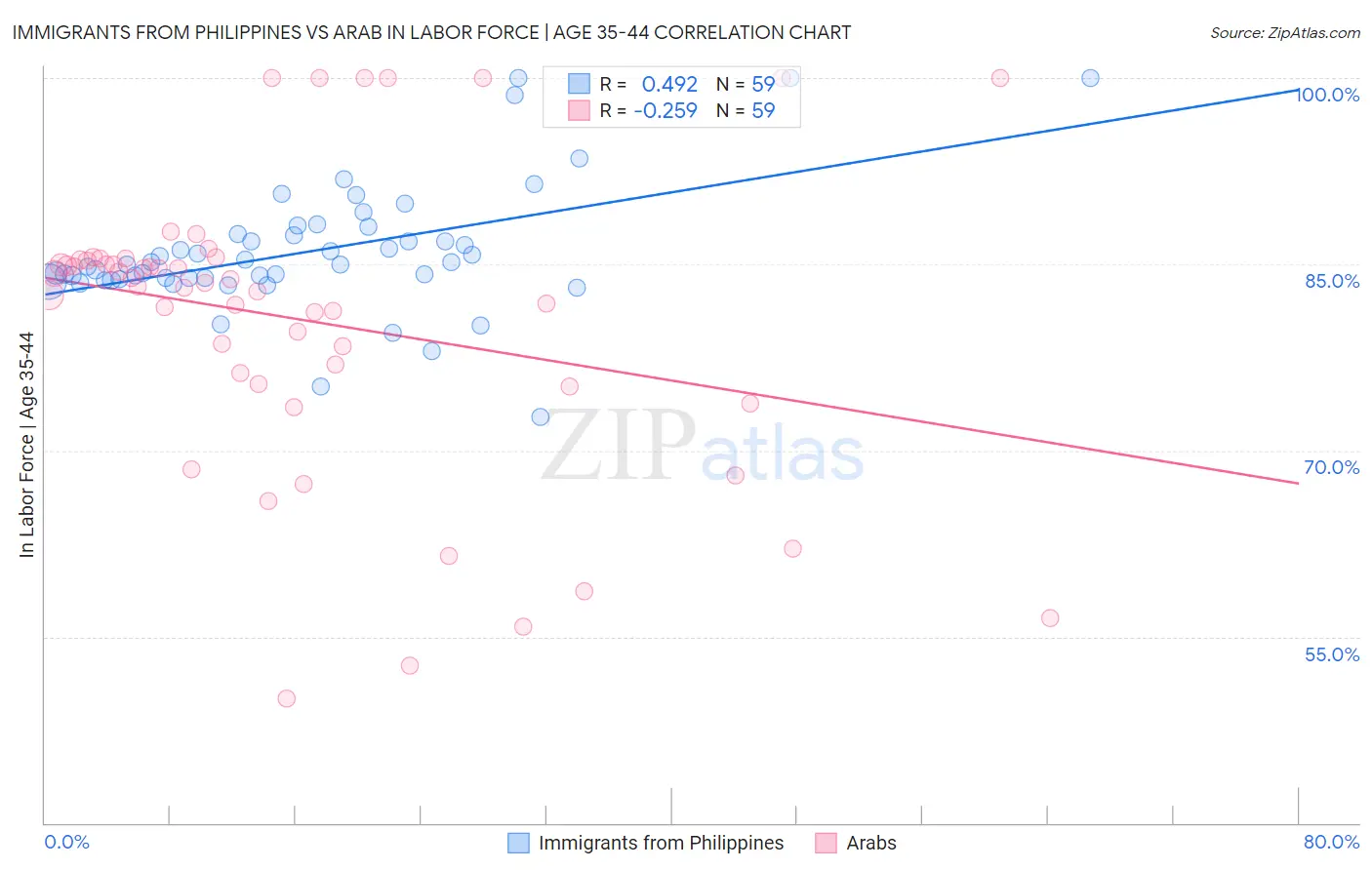 Immigrants from Philippines vs Arab In Labor Force | Age 35-44