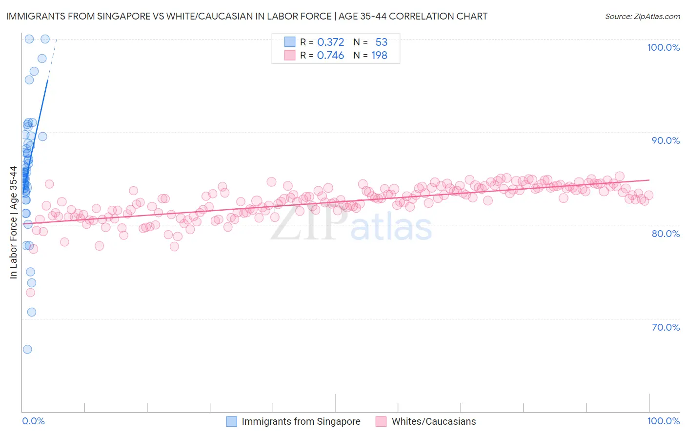 Immigrants from Singapore vs White/Caucasian In Labor Force | Age 35-44