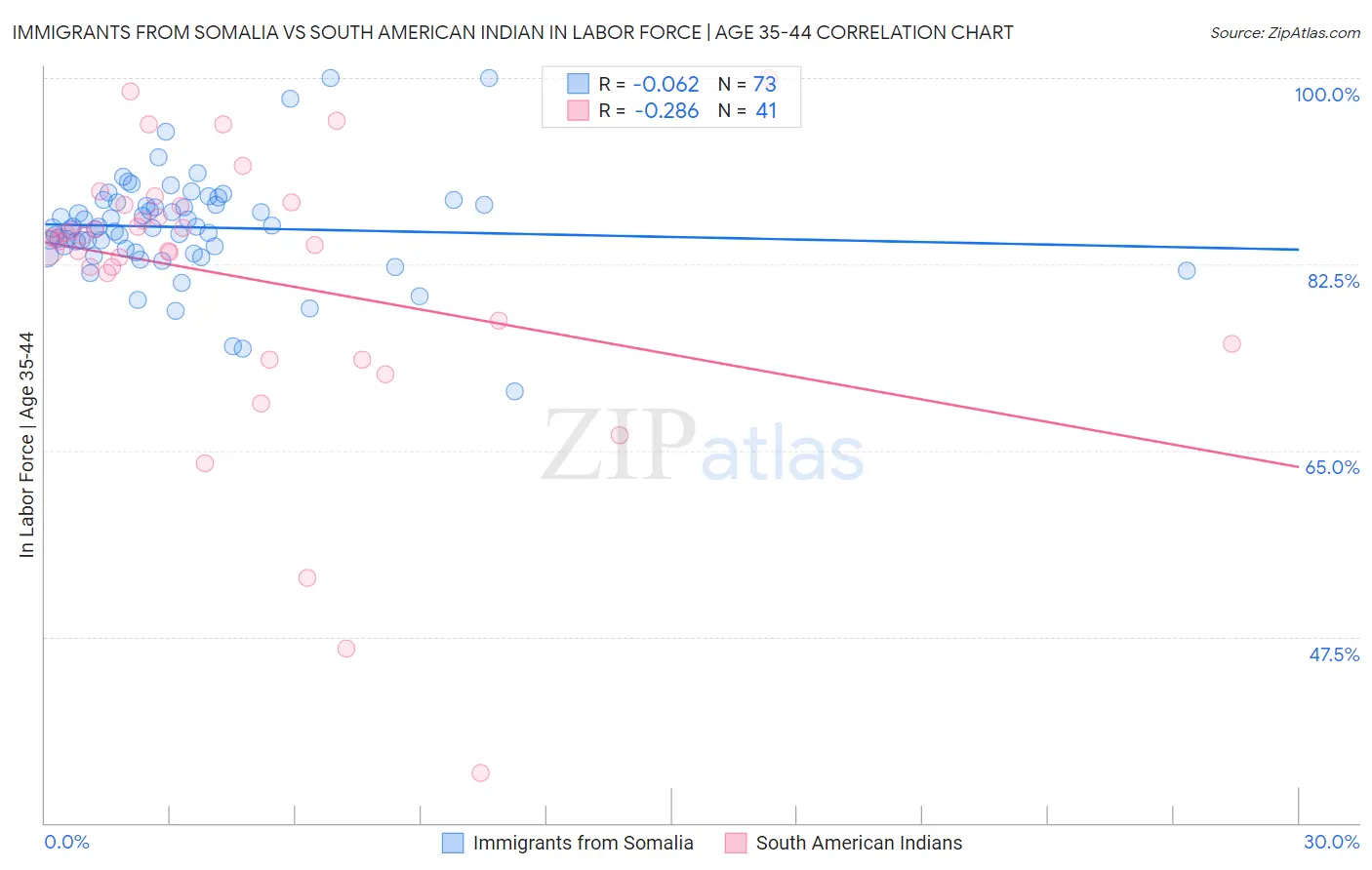 Immigrants from Somalia vs South American Indian In Labor Force | Age 35-44