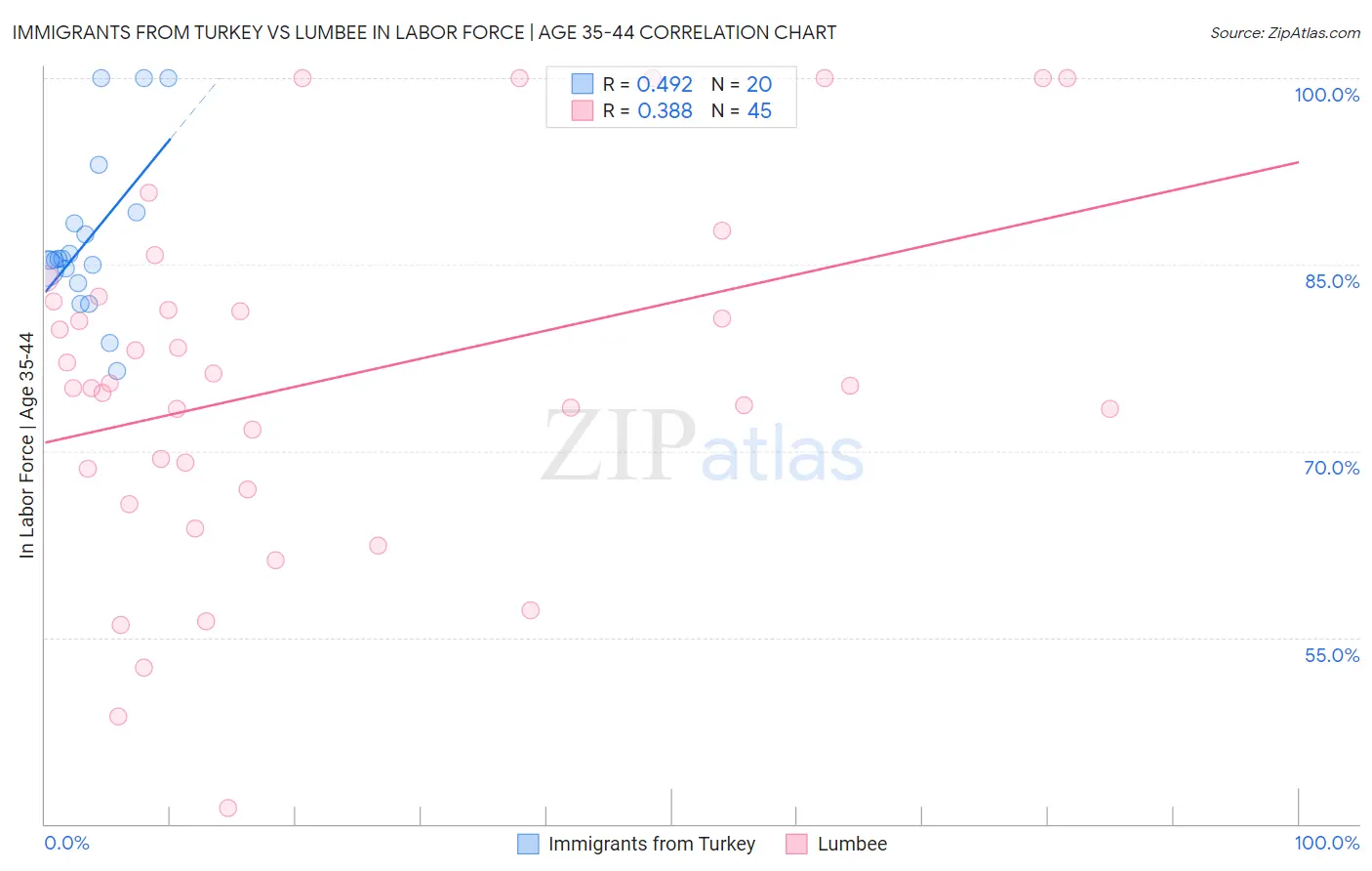 Immigrants from Turkey vs Lumbee In Labor Force | Age 35-44