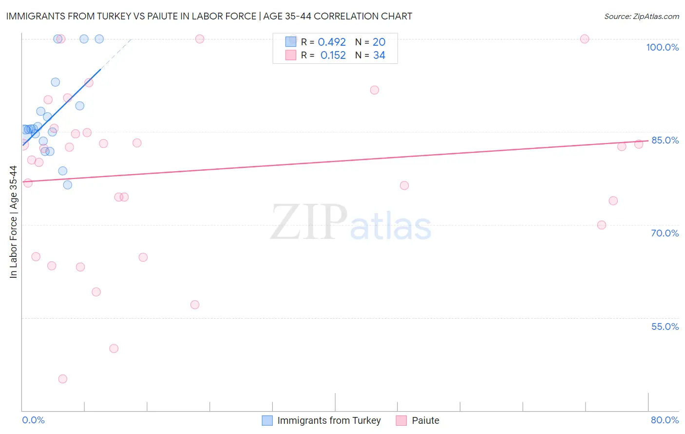 Immigrants from Turkey vs Paiute In Labor Force | Age 35-44