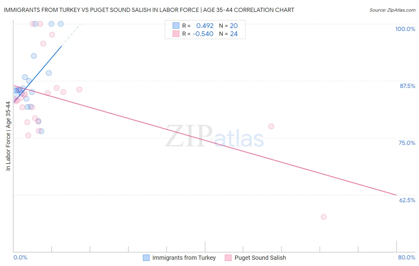 Immigrants from Turkey vs Puget Sound Salish In Labor Force | Age 35-44