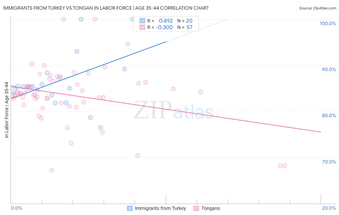 Immigrants from Turkey vs Tongan In Labor Force | Age 35-44