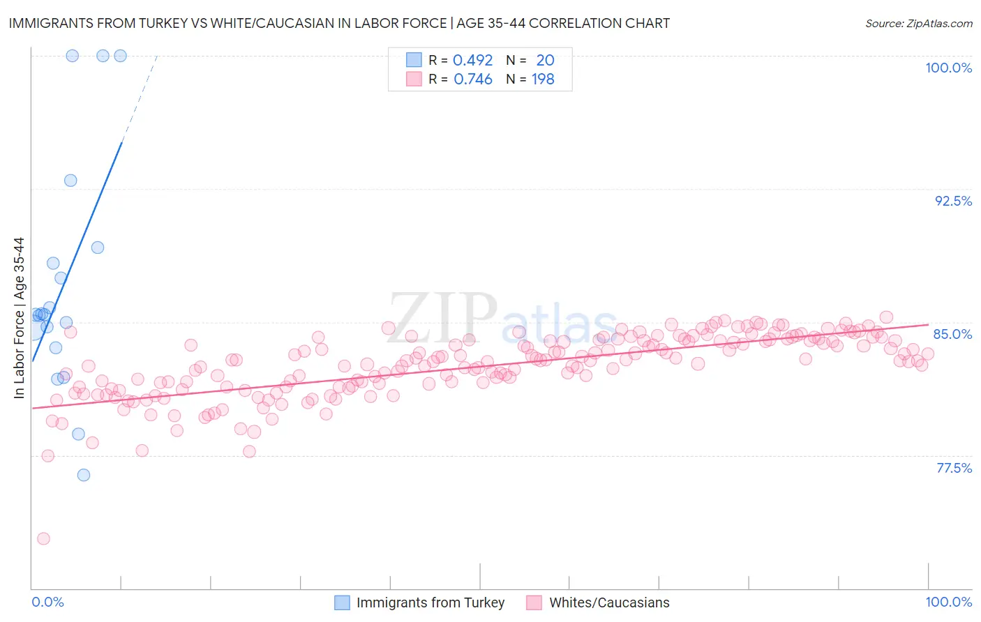 Immigrants from Turkey vs White/Caucasian In Labor Force | Age 35-44