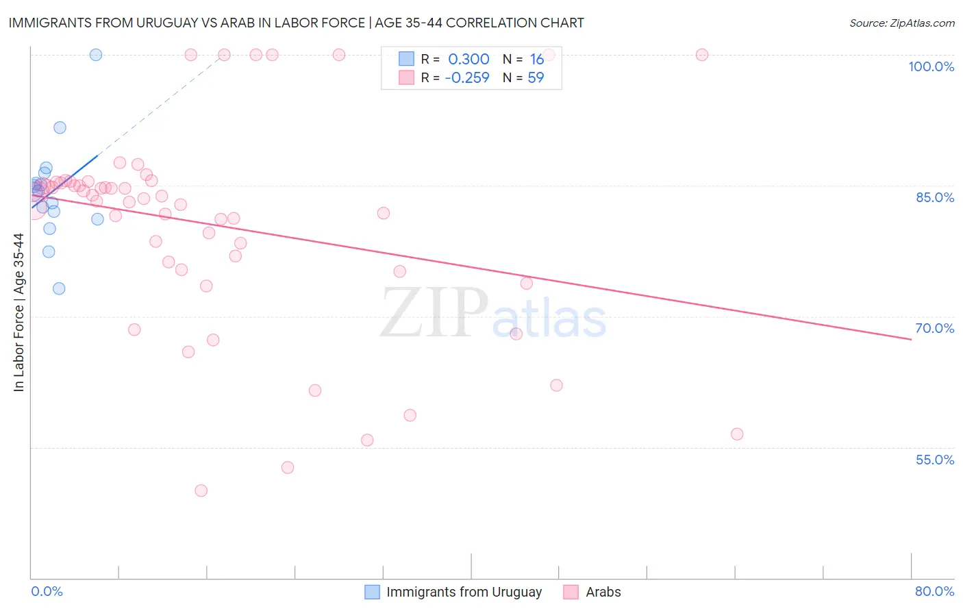 Immigrants from Uruguay vs Arab In Labor Force | Age 35-44