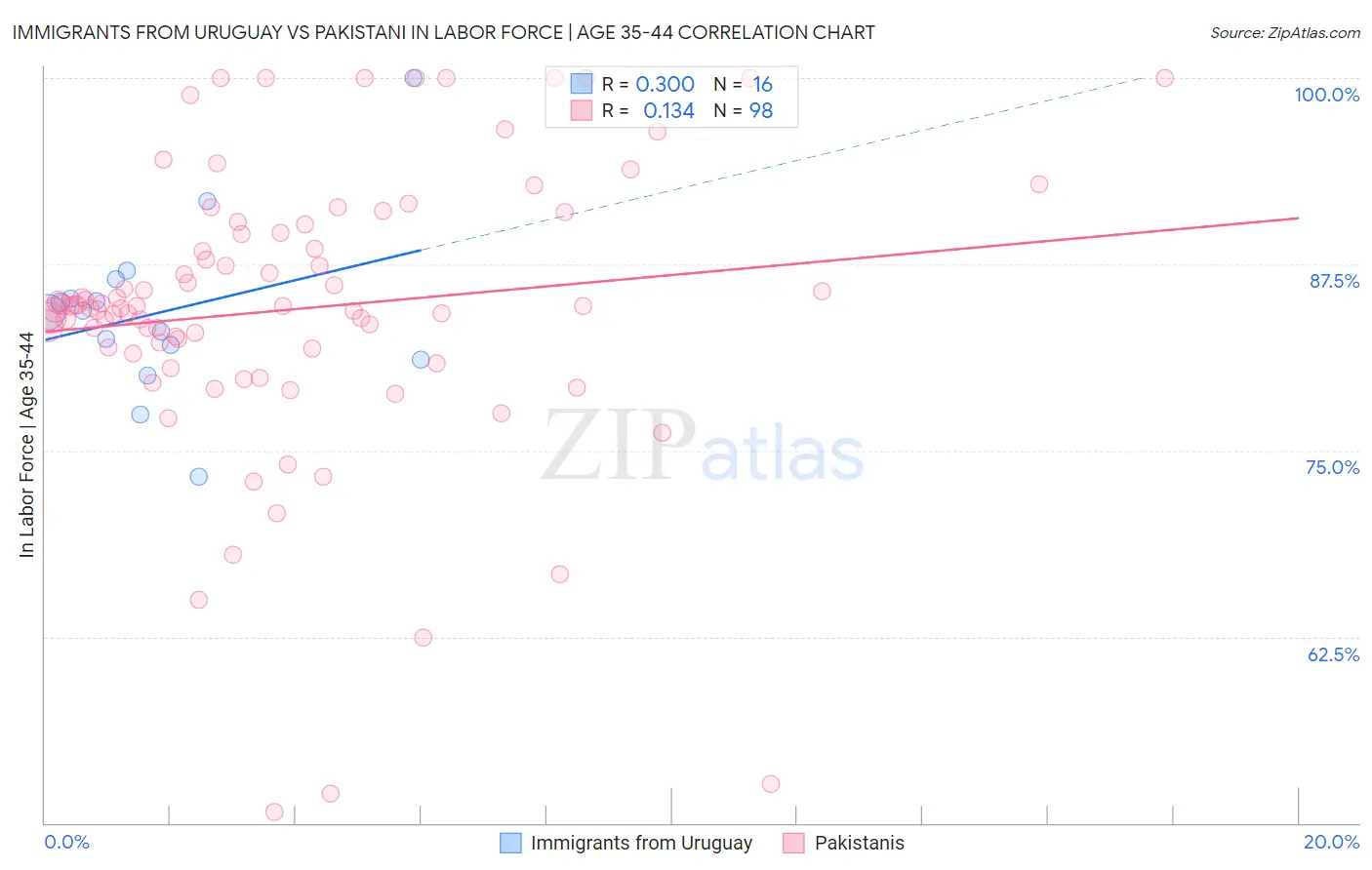 Immigrants from Uruguay vs Pakistani In Labor Force | Age 35-44