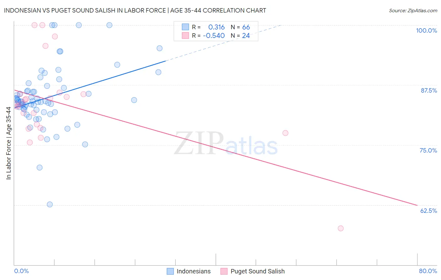 Indonesian vs Puget Sound Salish In Labor Force | Age 35-44