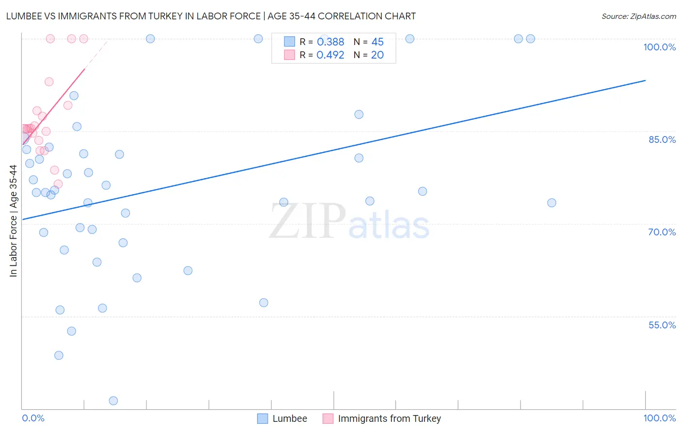 Lumbee vs Immigrants from Turkey In Labor Force | Age 35-44