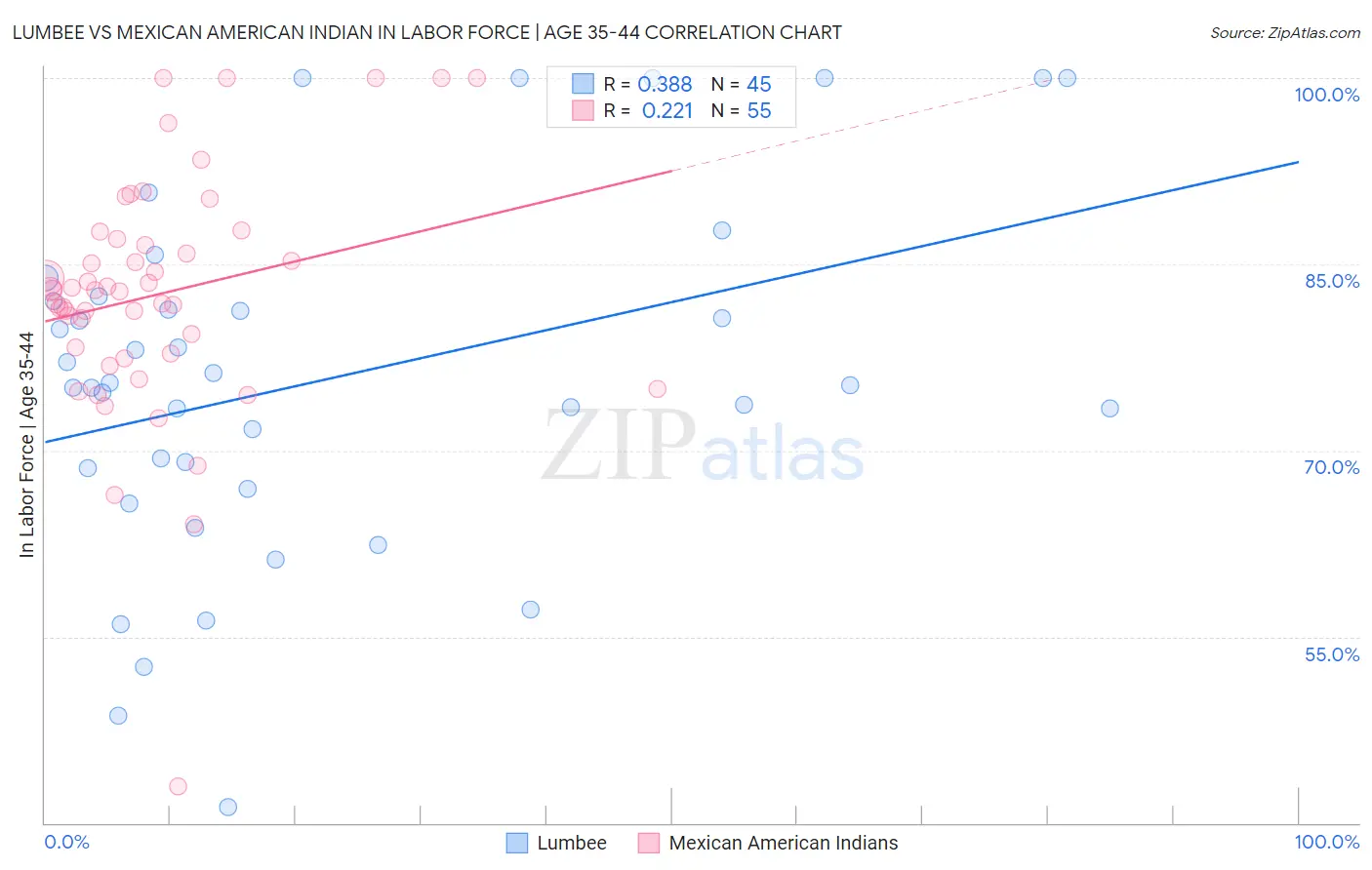 Lumbee vs Mexican American Indian In Labor Force | Age 35-44