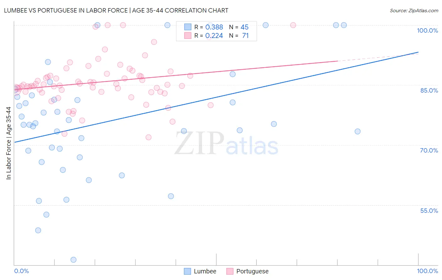 Lumbee vs Portuguese In Labor Force | Age 35-44