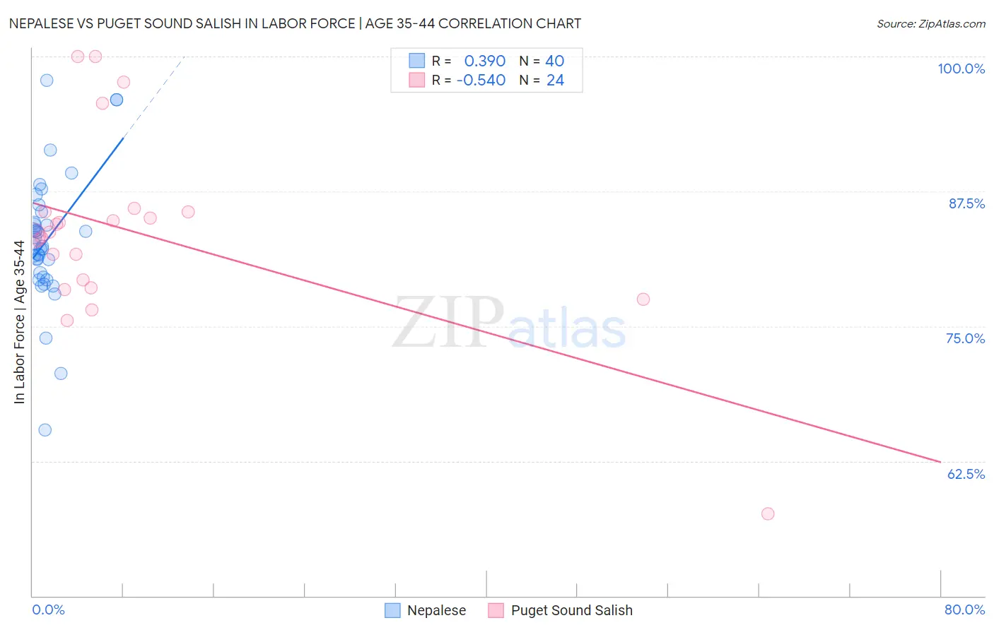 Nepalese vs Puget Sound Salish In Labor Force | Age 35-44