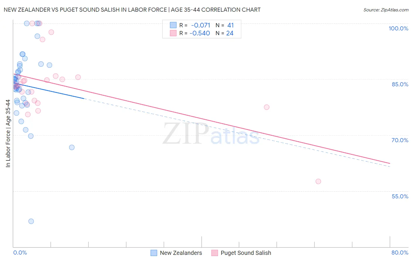 New Zealander vs Puget Sound Salish In Labor Force | Age 35-44