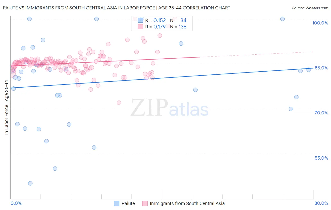 Paiute vs Immigrants from South Central Asia In Labor Force | Age 35-44