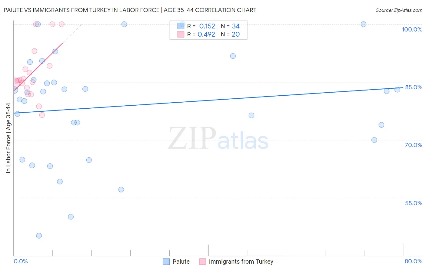 Paiute vs Immigrants from Turkey In Labor Force | Age 35-44