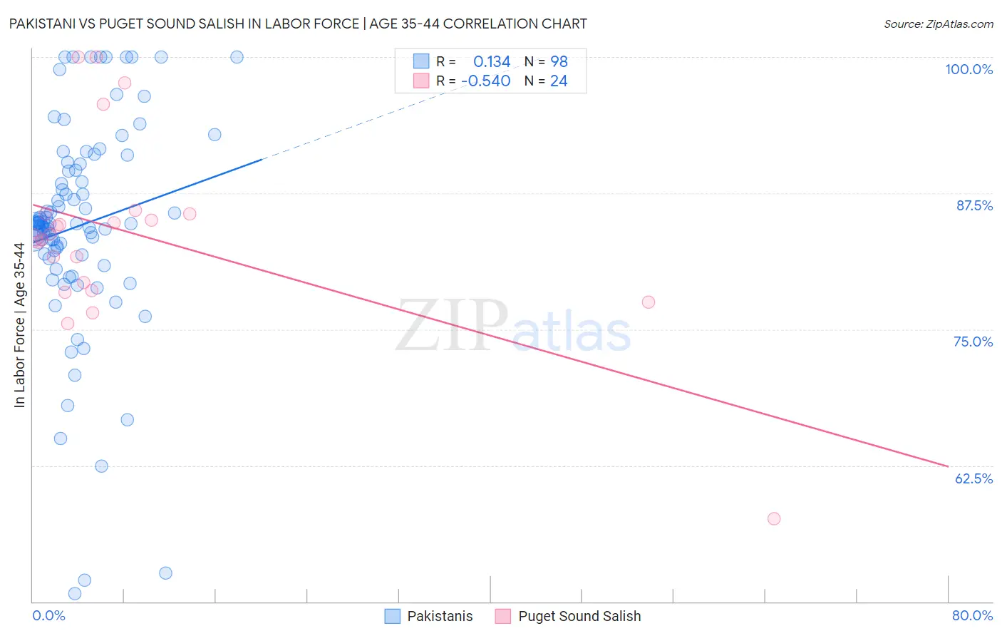 Pakistani vs Puget Sound Salish In Labor Force | Age 35-44