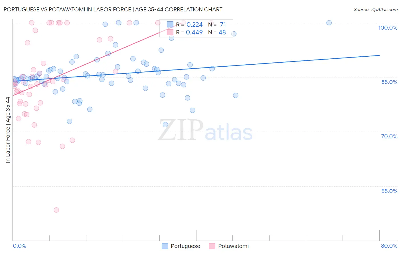 Portuguese vs Potawatomi In Labor Force | Age 35-44